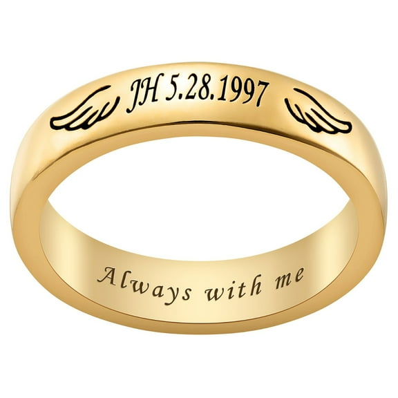 Personalized Planet 14K Gold Plated Engraved Angel Wing Memorial Ring ,Women's