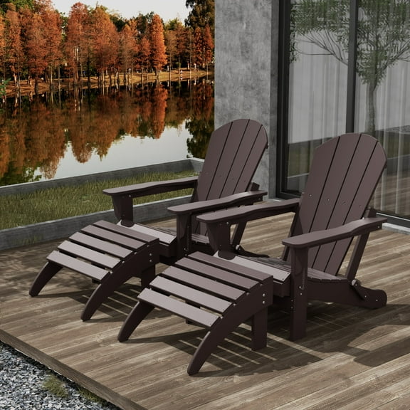 WestinTrends Malibu Outdoor Lounge Chair Set, 4-Pieces Adirondack Chair Set of 2 with Ottoman, All Weather Poly Lumber Patio Lawn Folding Chair for Outside Pool Beach, Dark Brown