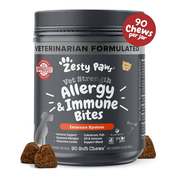 Zesty Paws Vet Strength Allergy & Immune Bites for Dogs, Allergy & Immune Support, Smoked Cheese, 90 Count Soft Chews