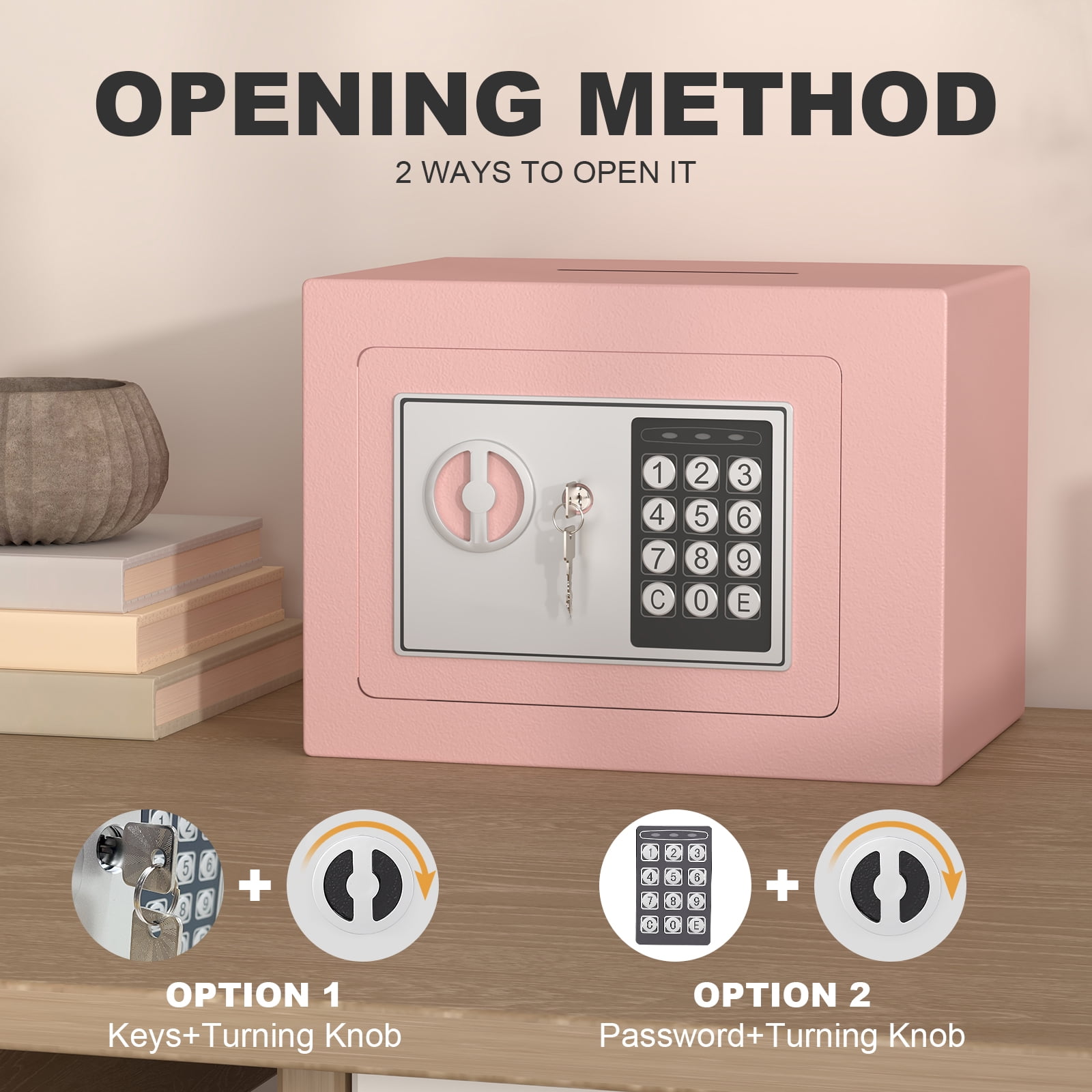 Marcree Mini Safe, 0.23 Cubic Pink Safe Box, Key Lock Box with Code, Steel Security Box with Key, Safe for Money, Jewelry, Hotel or Business, Pink Lock Boxes for Personal Items, Electronic Lock