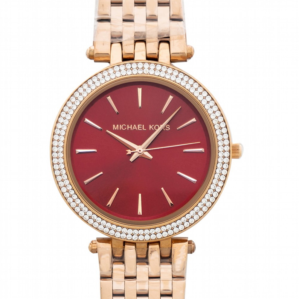 Michael Kors Women's MK3378 Darci Crystal Bezel Dark Red Dial Rose Gold  Steel Bracelet Watch