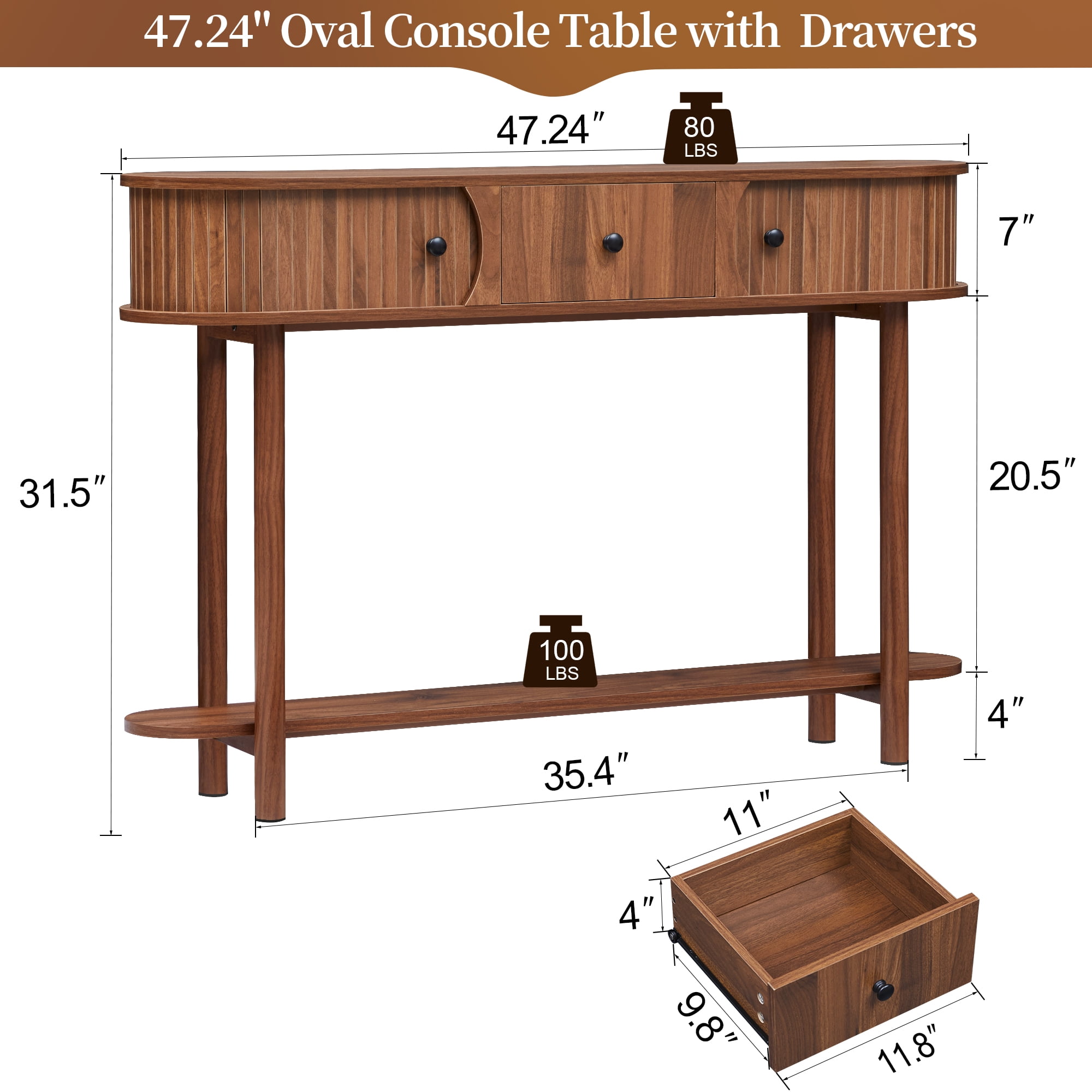 LEFHDA 47.2" Fluted Console Table with Drawers & Tambour Door, Narrow Entryway Sofa Table with Storage for Hallway, Living Room Behind Couch - Rustic Brown