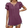 thumbnail image 5 of Fanxing Womens Summer Chiffon Tops Ruffled Short Sleeve T Shirts with Keyhole Basic Solid Color Tees Shirt Purple,L, 5 of 8