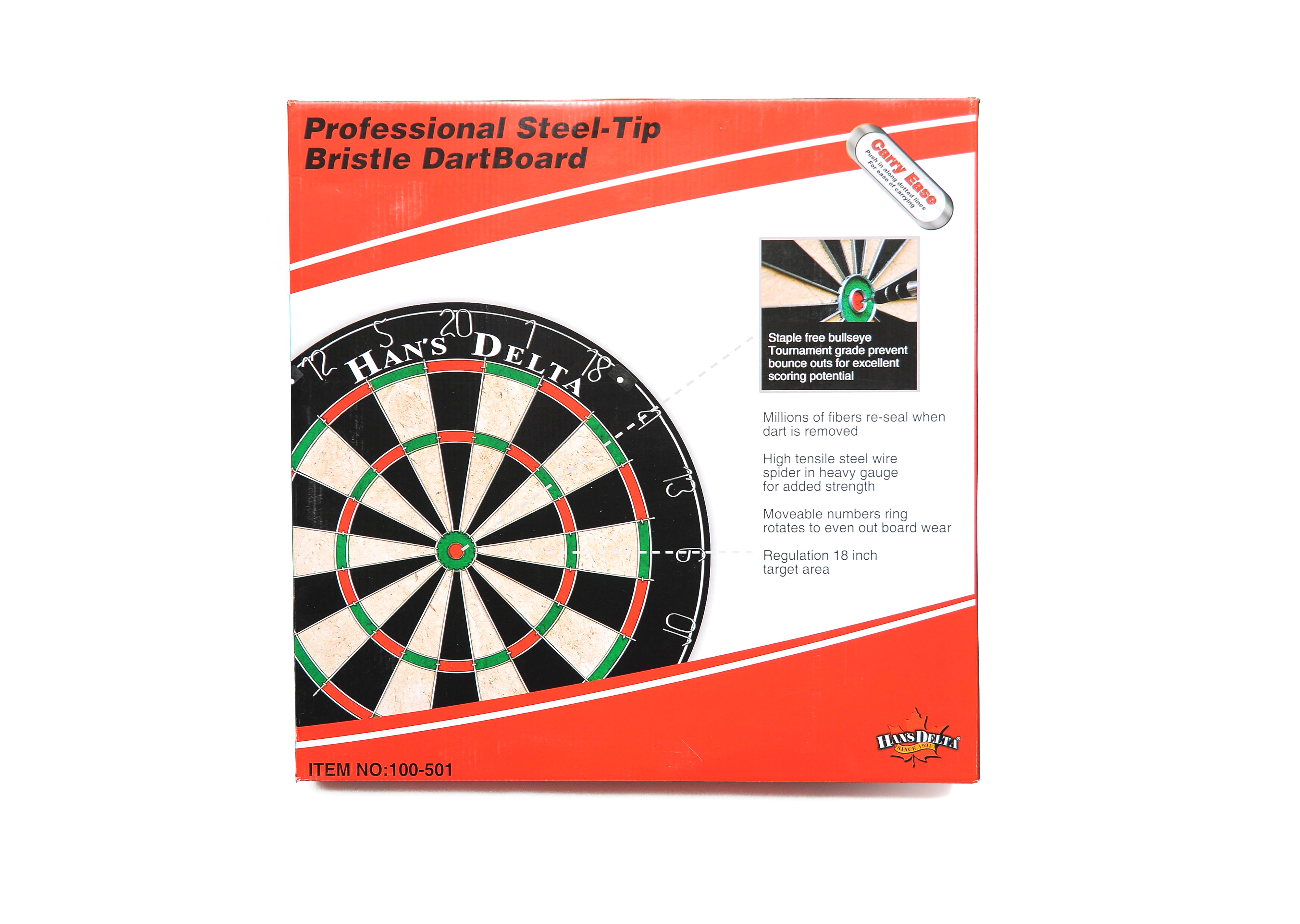 HAN'S DELTA Professional Regulation Steel Tip Bristle Dartboard Set, with Staple-Free Bullseye, High Tensile Steel Spider Wire, Moveable Numbers Ring, Includes 6 Steel Tip Darts