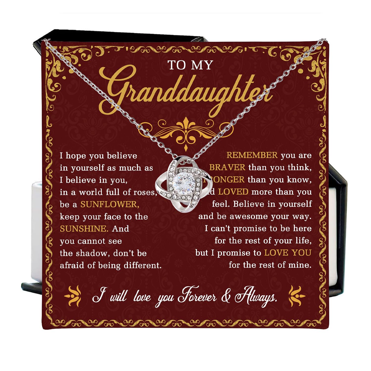 To My Granddaughter Forever Love Necklace From Grandma Grandmother Or Grandpa Grandfather With Message & Box, Jewelry Granddaughter On Graduation, Birthday, Wedding, #559, White Love Knot Necklace