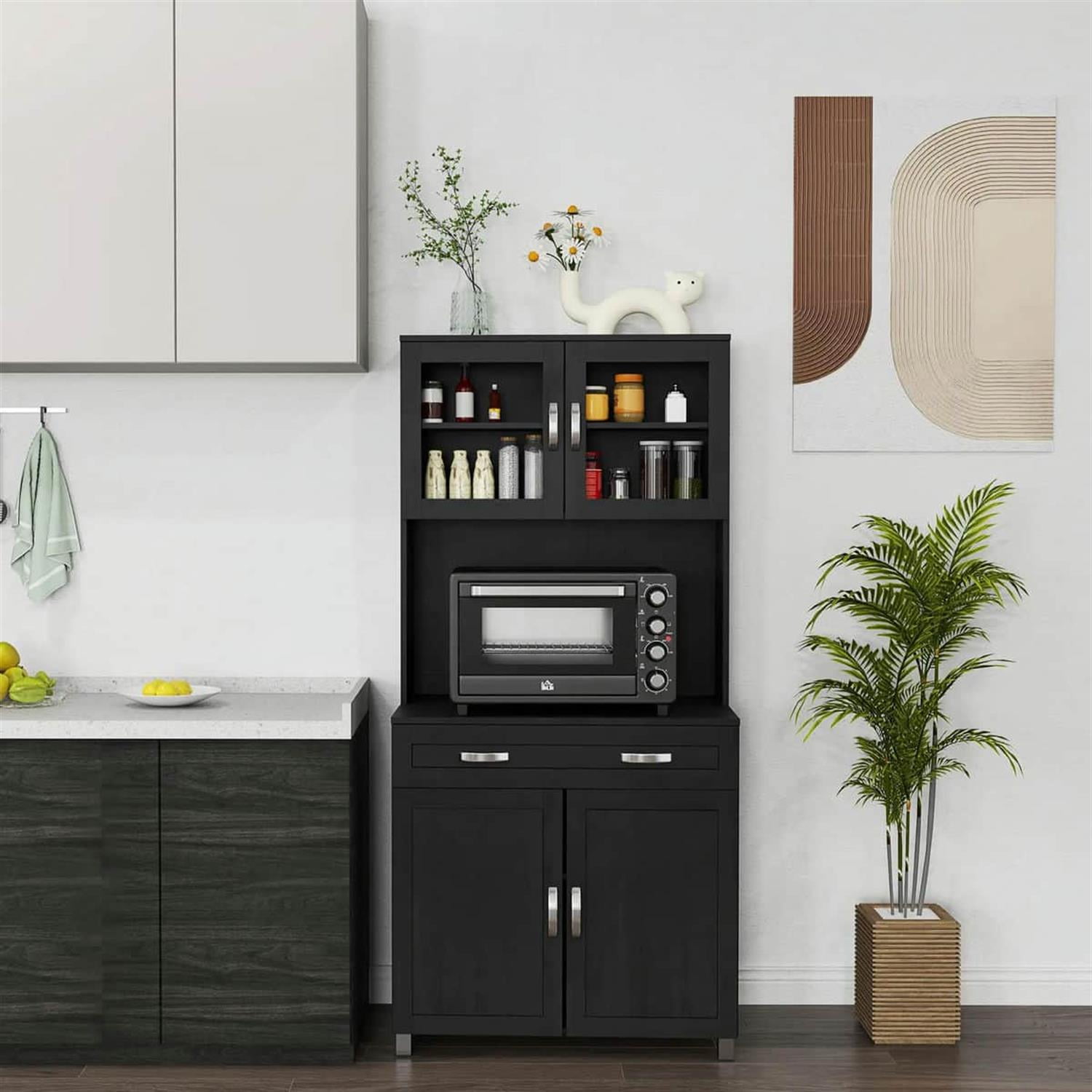 Demi Bonn 67" Buffet Hutch, Modern Kitchen Storage Cabinet, Freestanding Glass Door Pantry, Shelves & Drawers for Home Decor, Black