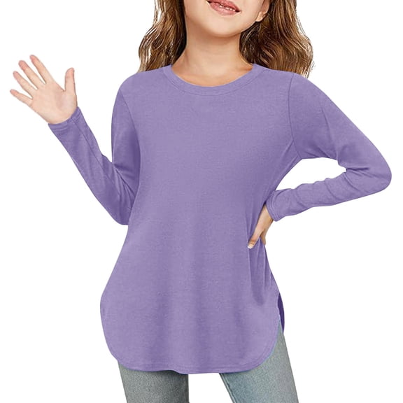 Girls Long Sleeve Shirts Crewneck Soft Tunic Tops Kids Curve Hem Side Slit T-Shirts Light Purple 110