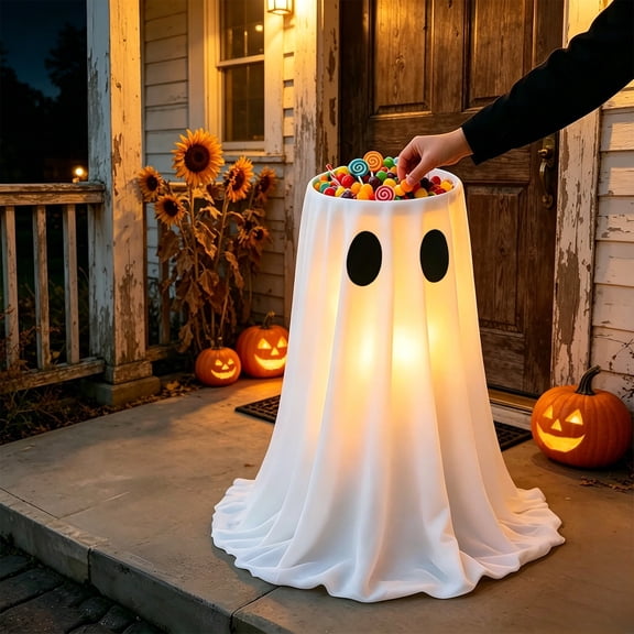 BiFandian Remote Control Light Up Ghost Candy Bucket, Halloween Ghost Lampshade Candy Bowl with Adjustable LED Lights, Outdoor Porch Candy Holder for Front Yard Halloween Party Decoration