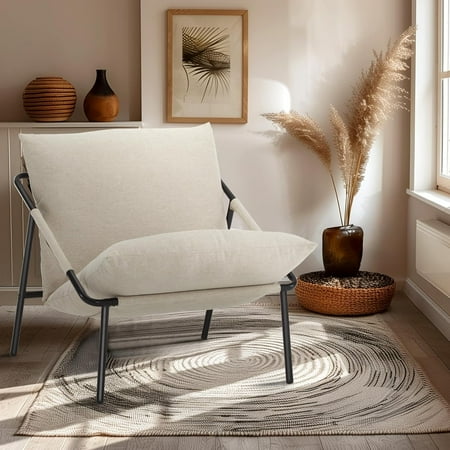 

Kosydown Sling Chair Large Modern Armchair Room Bedroom Reading Office Metal Frame Upholstered Soft Cushion Cozy Decorative Relxing Comfortable Chair (Grey-Corduroy)