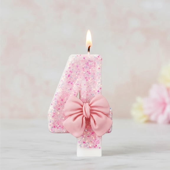 Pink Number Cake Candle, Glitter Pink Number Bow Candle, Birthday Cake Topper Decoration