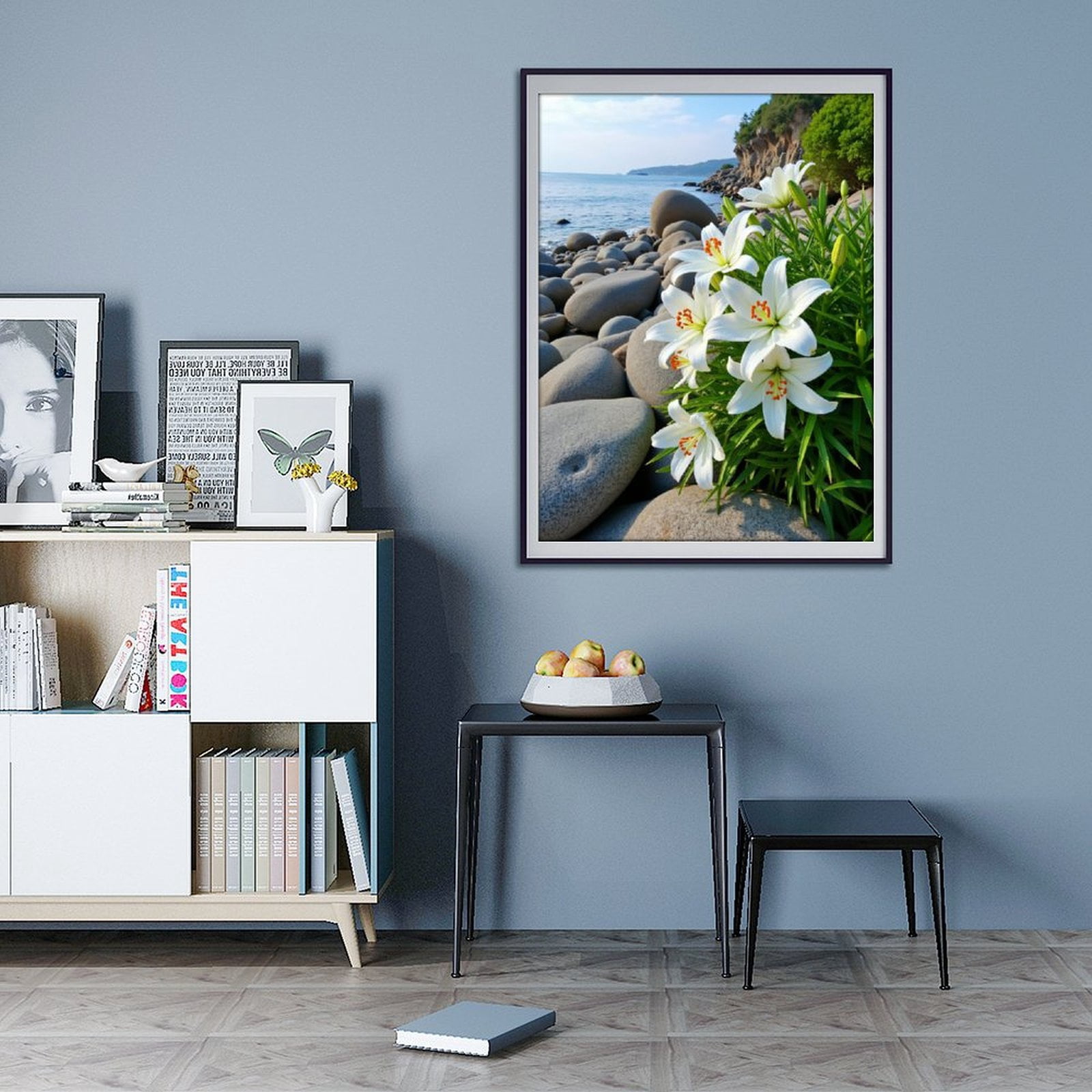 Diamond Art Kit for Adults, White Lilies Coastal Rocks Ocean Diamond Painting for Adults Beginners, 5D DIY Diamond Art Painting Kits, Colorful Diamond Painting Craft for Home Decor 12x16 Frameless