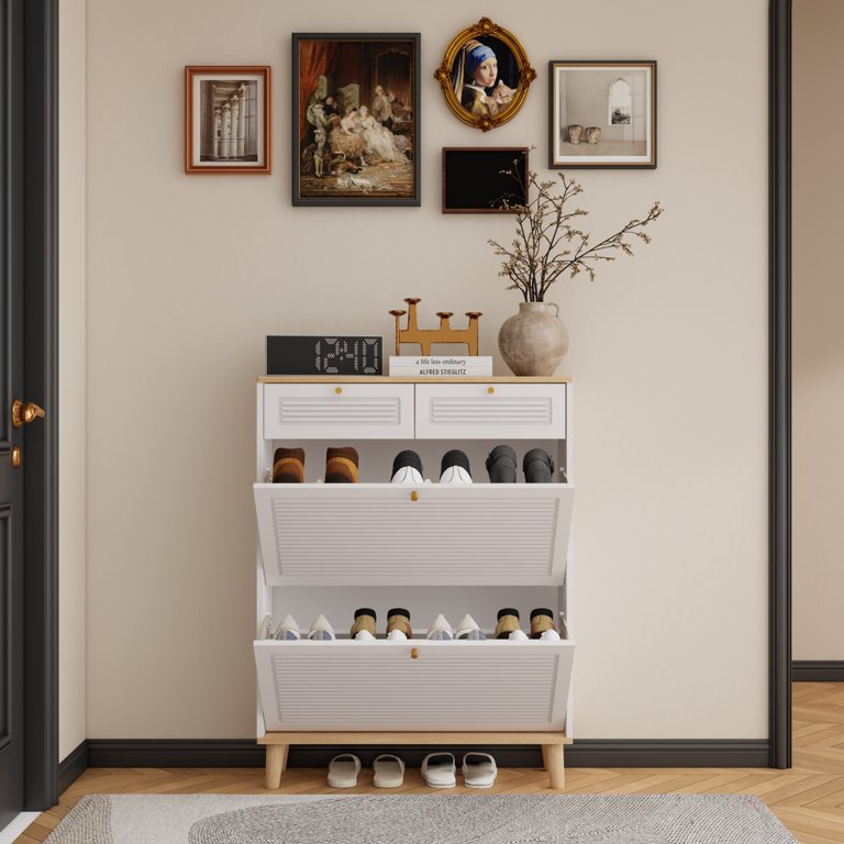 Lisonu Slim Shoe Cabinet, White & Natural Wood. 2 Flip Doors & 2
