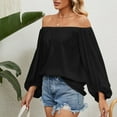 thumbnail image 4 of IROINNID Discount Polyester Long Sleeve T Shirt for Women Casual Spring, Summer, And Autumn Solid Color Off-The-Shoulder Chiffon T-shirt Tops,Black, 4 of 9