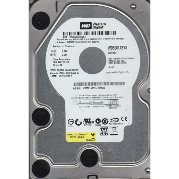 WD5001ABYS-01YNA0, DCM DHRCHT2MHB, Western Digital 500GB SATA 3.5 Hard Drive