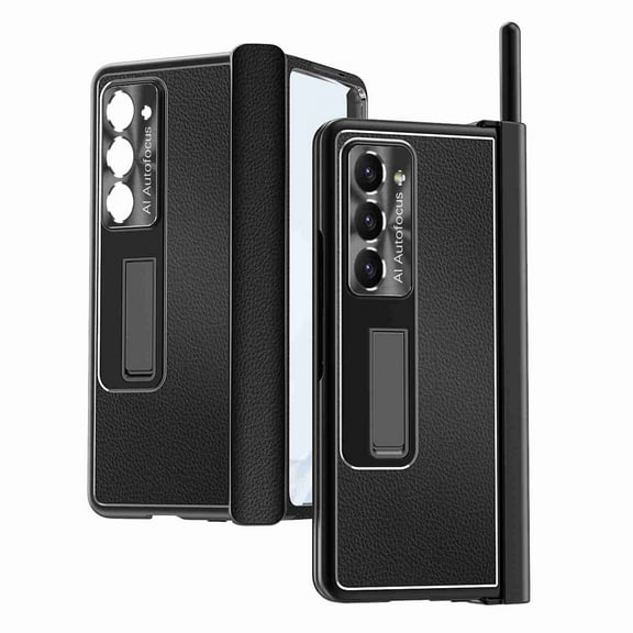 Luxury Stand Case for Samsung Galaxy Z Fold 5 5G, with S Pen Holder & Stylus Hinge Protection PU Leather Cover with Front Screen Protector Phone Case,Black