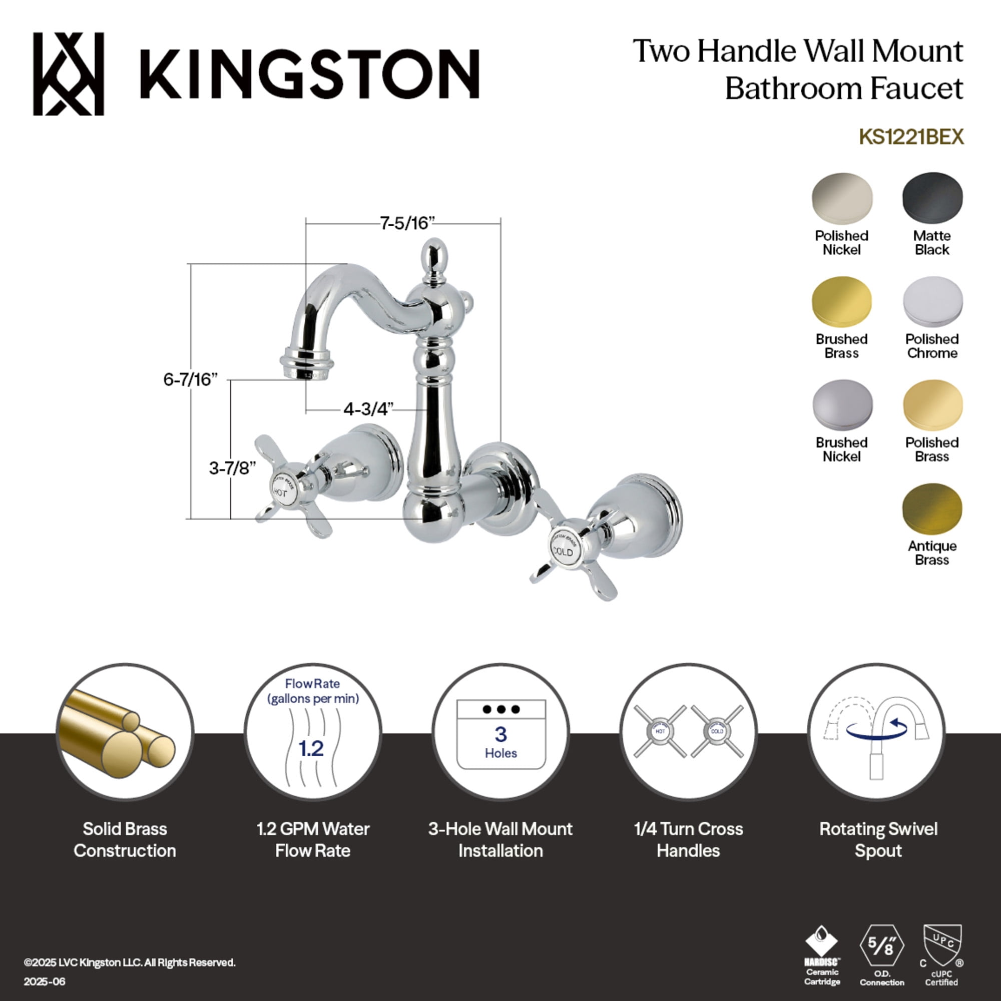 Kingston Brass KS1226BEX Essex Double-Handle 3-Hole Wall Mount Bathroom Faucet in Polished Nickel