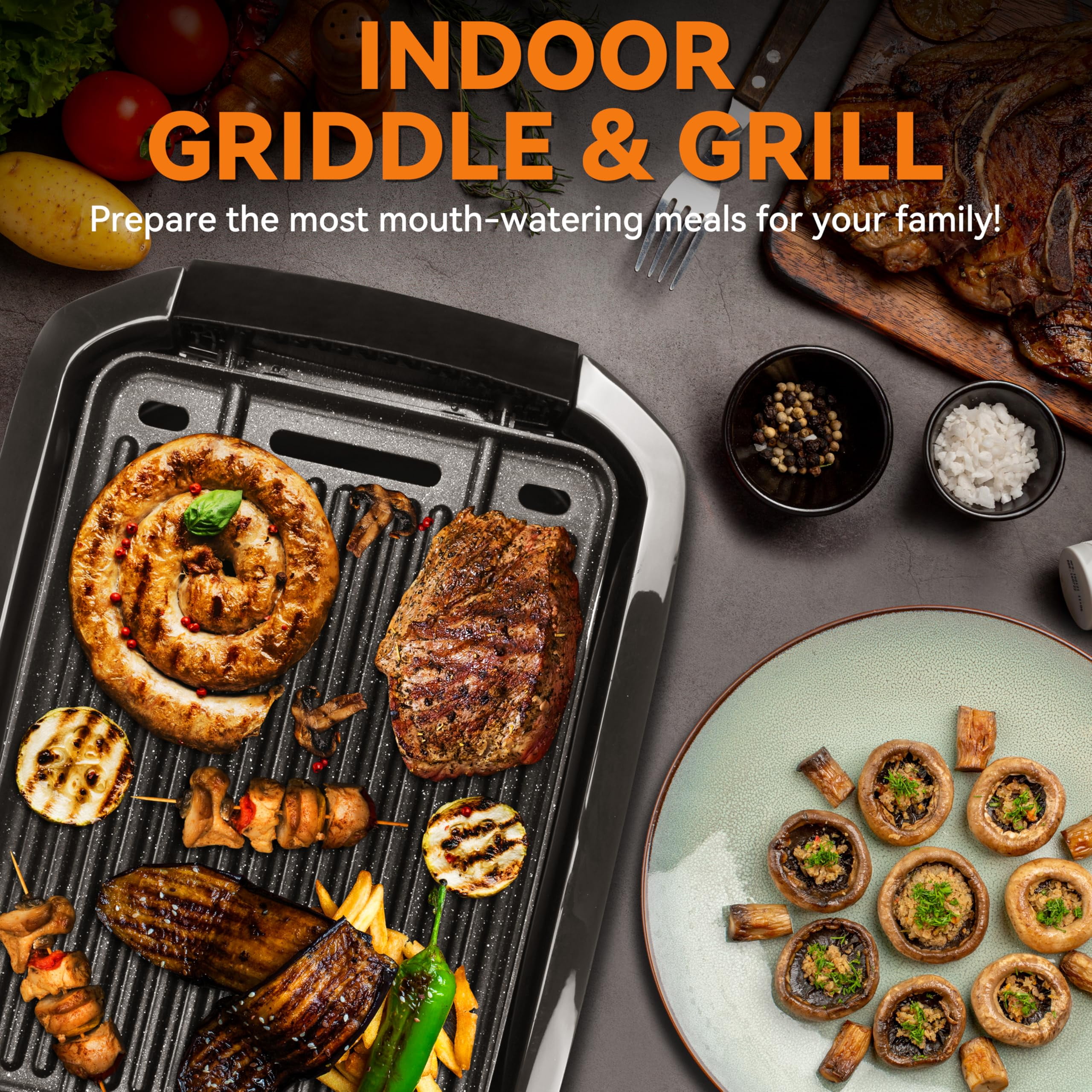 Electric Griddle & Grill Nonstick, 2-in-1 Reversible Plate for Indoor Cooking