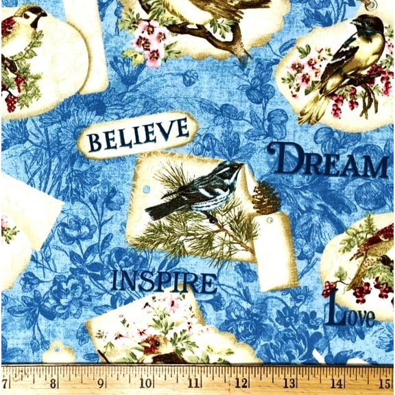 1 Fat Quarter - Birds Believe Dream Inspire on Blue Cotton Fabric - 21" X 18"