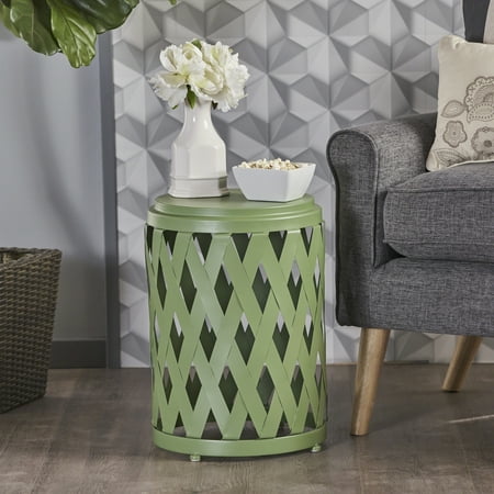 Noble House Bonnie Indoor 12 Inch Diameter Lattice Iron Side Table Matte Green