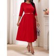 thumbnail image 3 of Red Plus Size Womens Fit & Flare Midi Dress With 3/4 Sleeve And Round Neck, 3 of 5