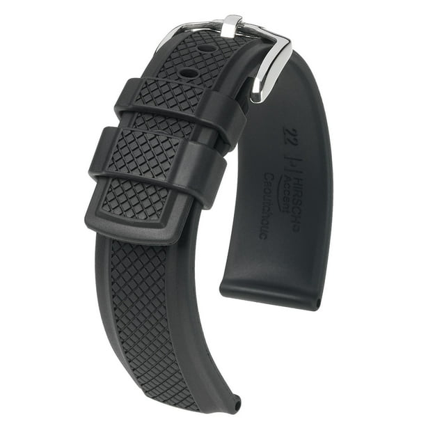 Hirsch Accent Caoutchouc Watch Strap - Black - L - 24mm / 22mm - Shiny  Silver Buckle - Premium Caoutchouc Band