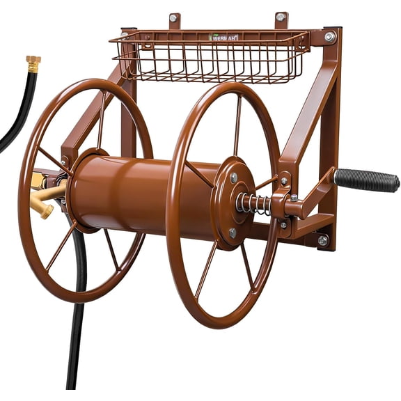 Upgrade Wall Mounted Garden Hose Reel, Holds 135 ft of 5/8-inch Hose, Outdoor Water Hose Holder Winder, Space-Saving Design with Brass Fitting for Yard Lawn (Holds 125ft)