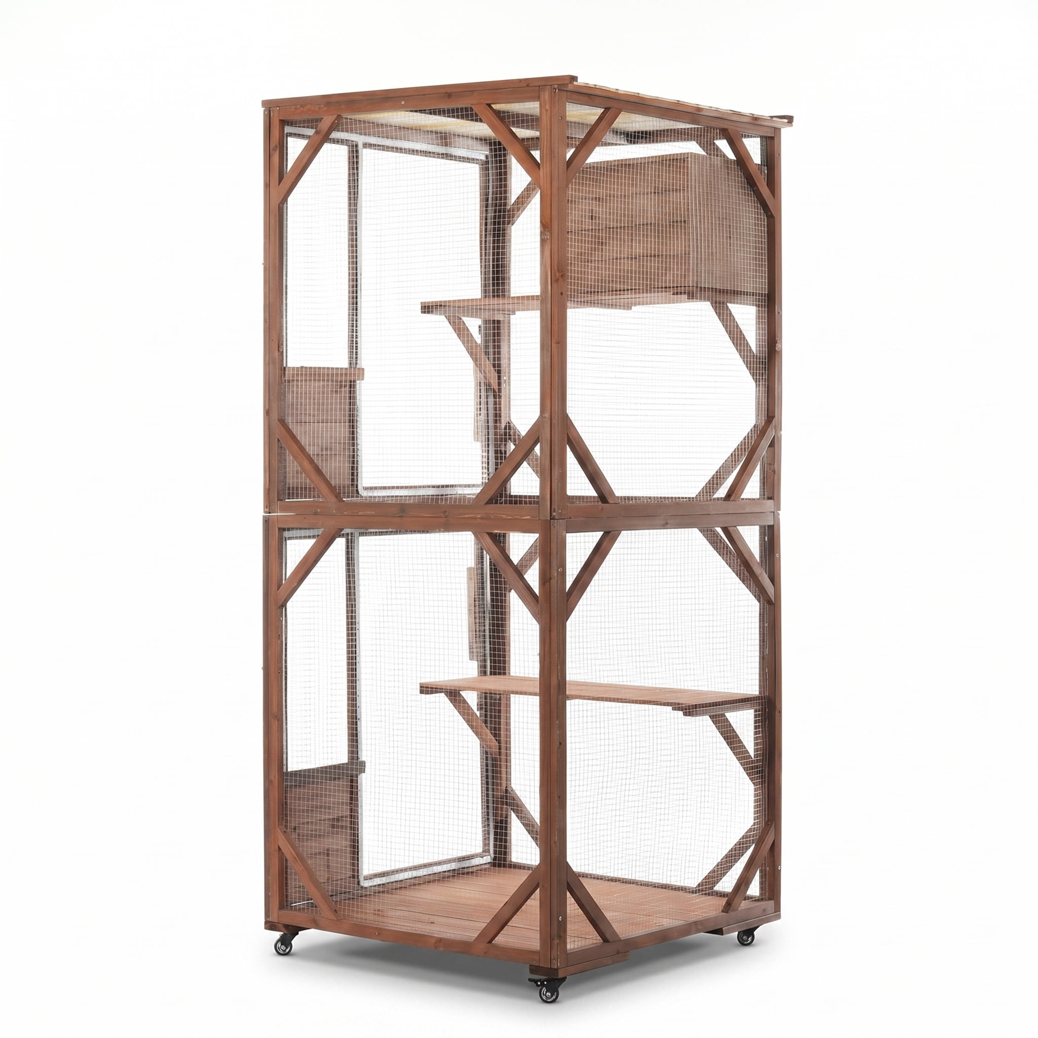Cat Enclosure 2-Tier with Lockable Wheels and Wire Mesh, Outdoor Wooden Cat Cage and Playpen with Resting House for Backyard, Dark Brown