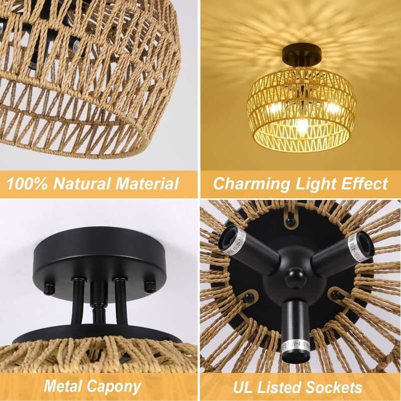 Semi Flush Light, Rattan Fixture Mount with Handmade Wicker Lampshade, 3-Lights Boho Chandelier, Woven Close to Ceiling Light for Bedroom Hallway Living Room Kitchen