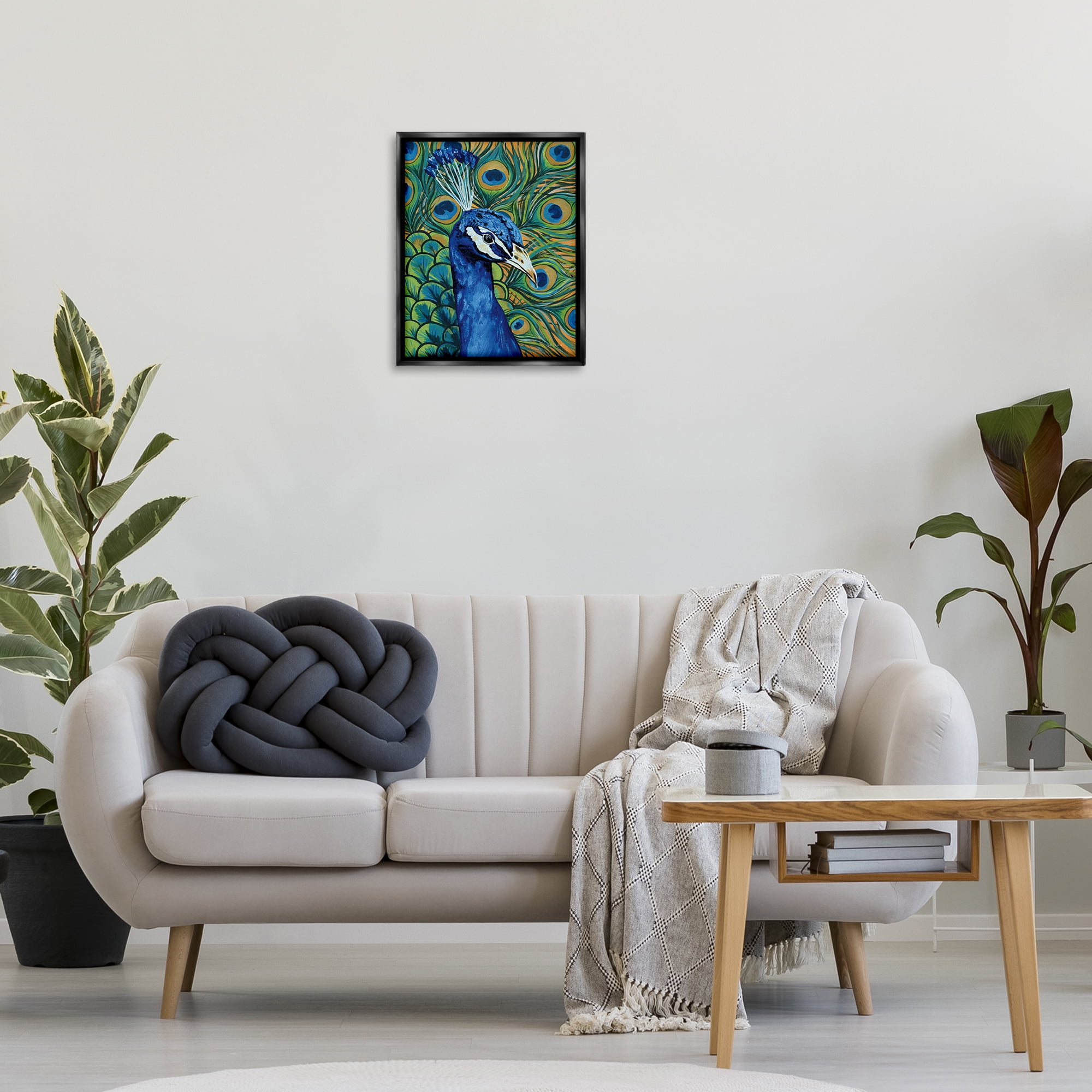 Stupell Industries Bold Peacock Feathers Pattern Animals & Insects Painting Black Floater Framed Canvas Art Print Wall Art, 17 x 21