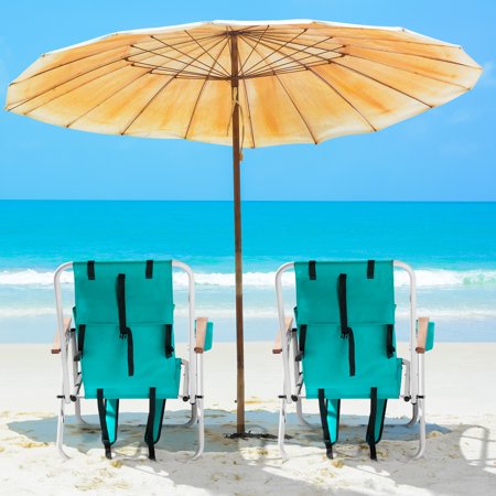 BTMWAY 2 Pack Folding Beach Chair Set, 4 Position Portable Backpack Foldable Camping Chair with Headrest Cup Holder and Wooden Armrests,Green
