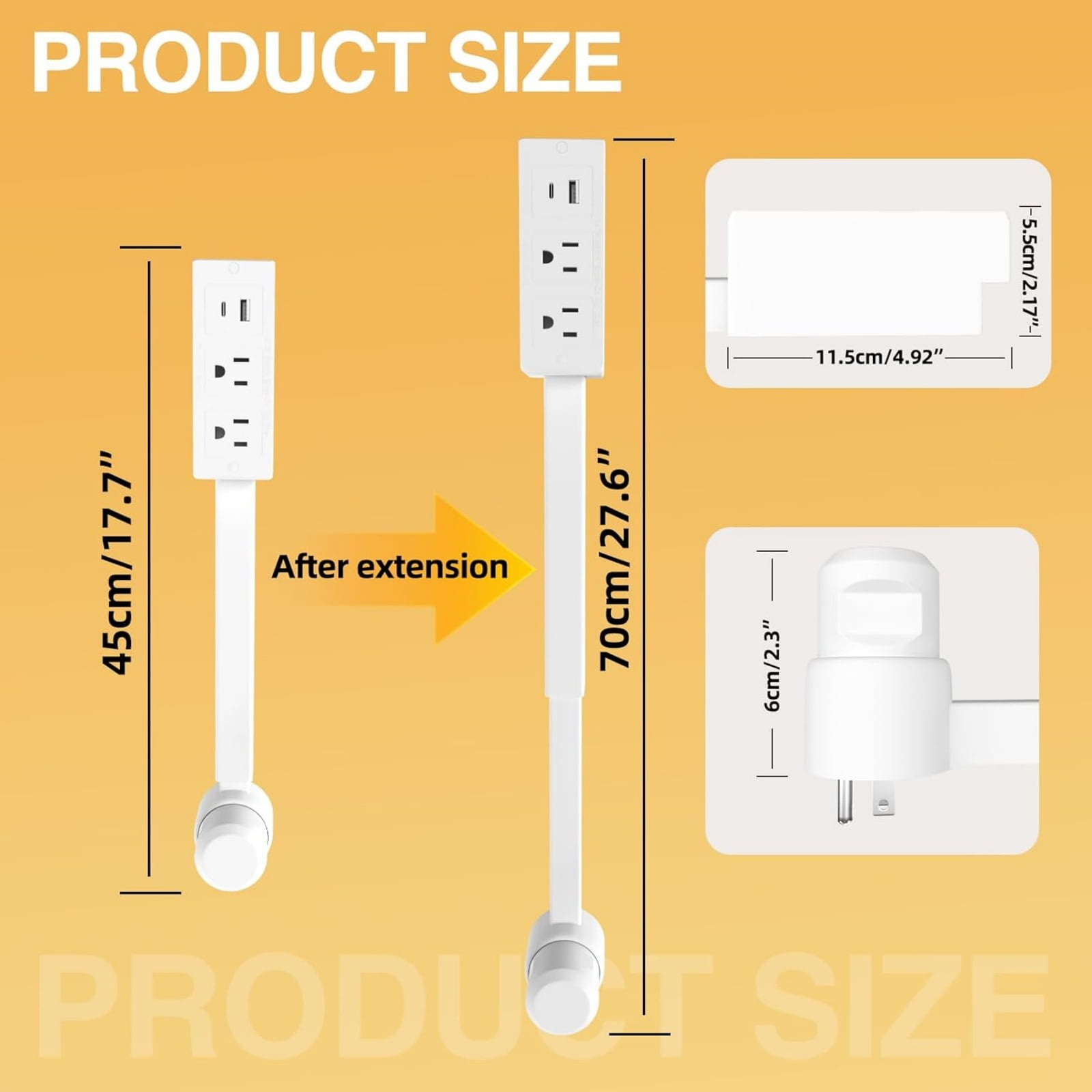 Demine Outlet Extender Stick, Electrical Outlet Extender Features USB-A, USB-C, and 2 AC Electrical Outlet Extender Stick, Extends 18"-27", Use Behind Couches, Nightstands, Desks