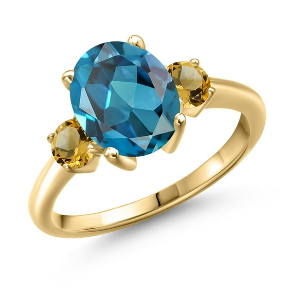 Gem Stone King 3.51 Ct Oval London Blue Topaz Yellow Citrine 18K Yellow Gold Plated Silver Ring (Size 7)