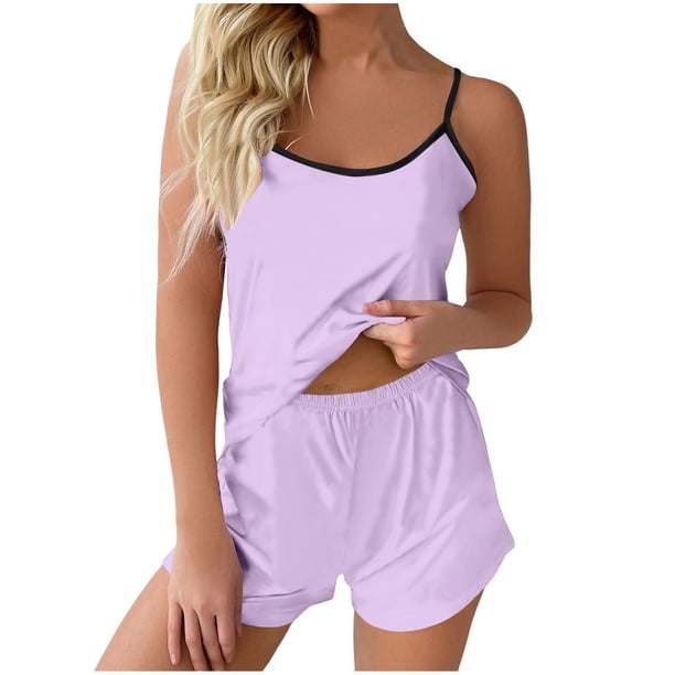 Conjunto de pijama de satén para mujer, informal, de color liso, con tirantes, pantalones cortos, para el hogar