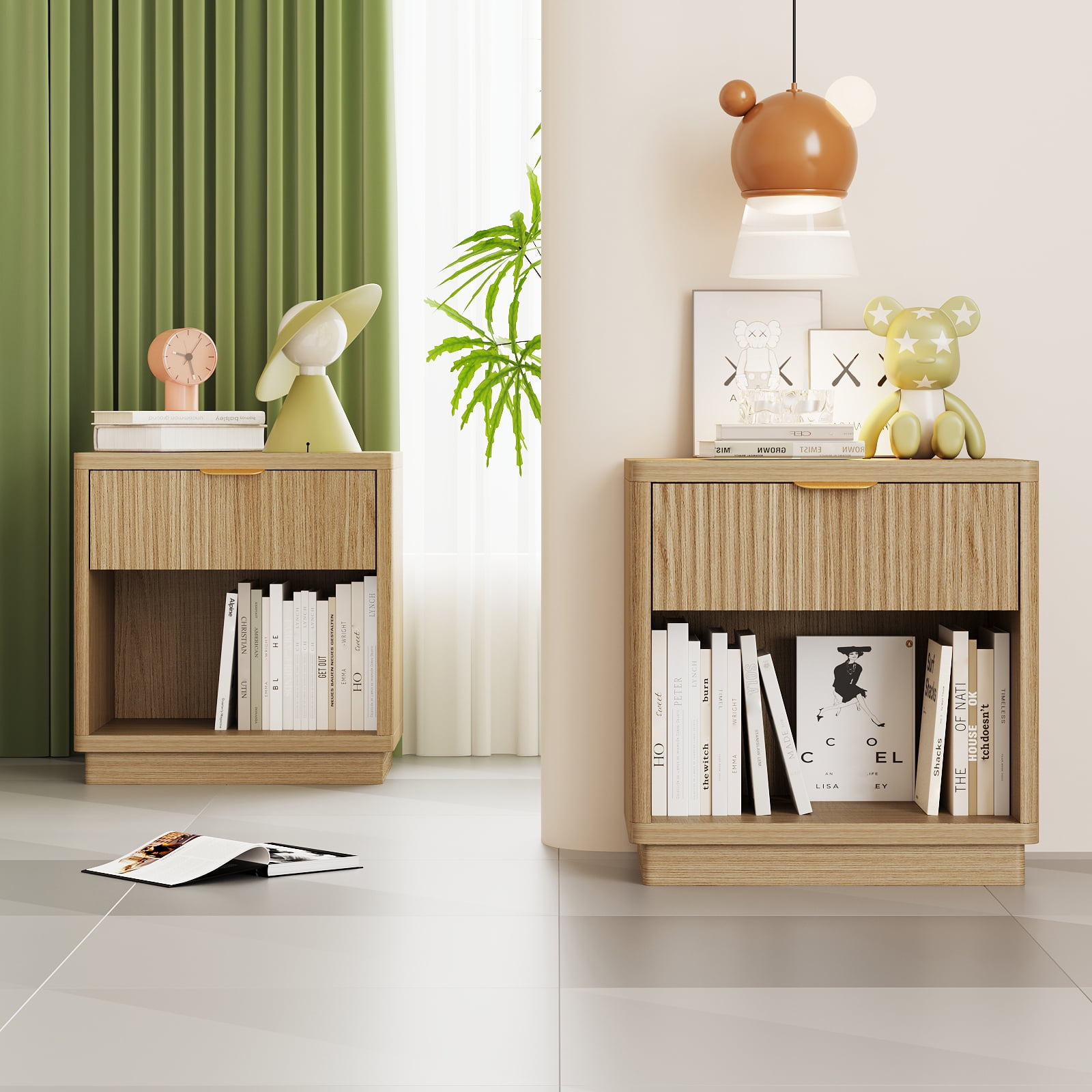 Pusnapku Fluted Night Stand, 22" Farmhouse Bedside Table with Charging Station, Curved Design Wood End Table with Drawer, for Living Room, Bedroom