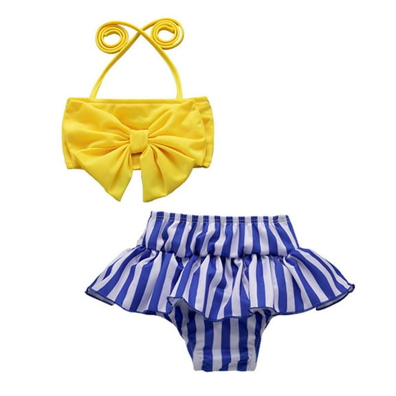 Fesfesfes Toddler Kids Girl Baby Swimwear Striped Printed Halter Neck Bathingsuit Bow Bikini Swimsuit Beach Swimwear Set