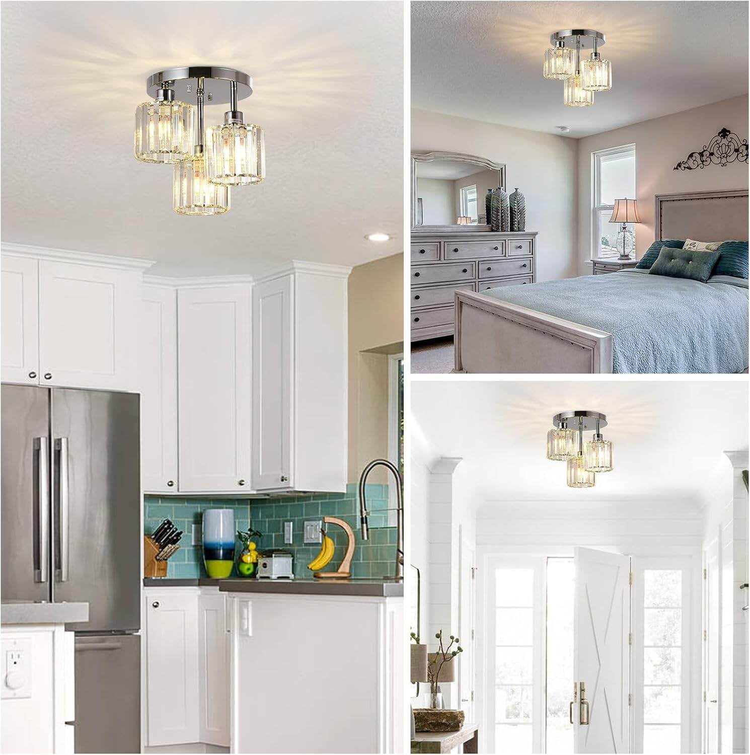 Semi Flush Mount Ceiling,3-Light Kitchen Mount,Hallway Light Fixtures Ceiling with Clear Crystal Shades for Kitchen Entryway Bedroom Bathroom Foyer,Silver Crystal Lighting Lamps
