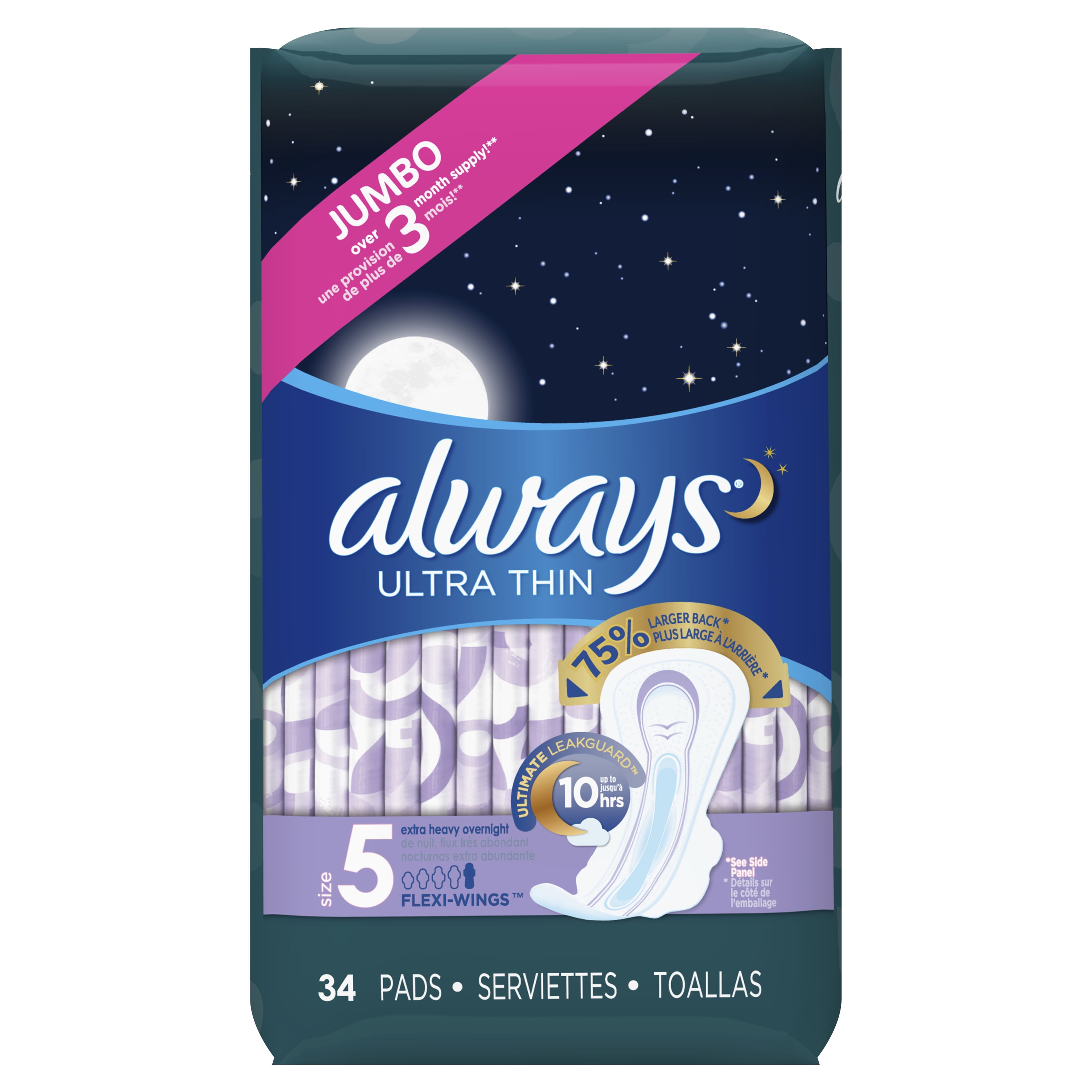 Always Ultra Thin Overnight Pads Size 5 - 34 Count | Heavy Flow Protection With Flexi-Wings
