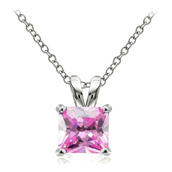 Sterling Silver 5.54ct Light Pink Cubic Zirconia 10mm Square Solitaire Necklace
