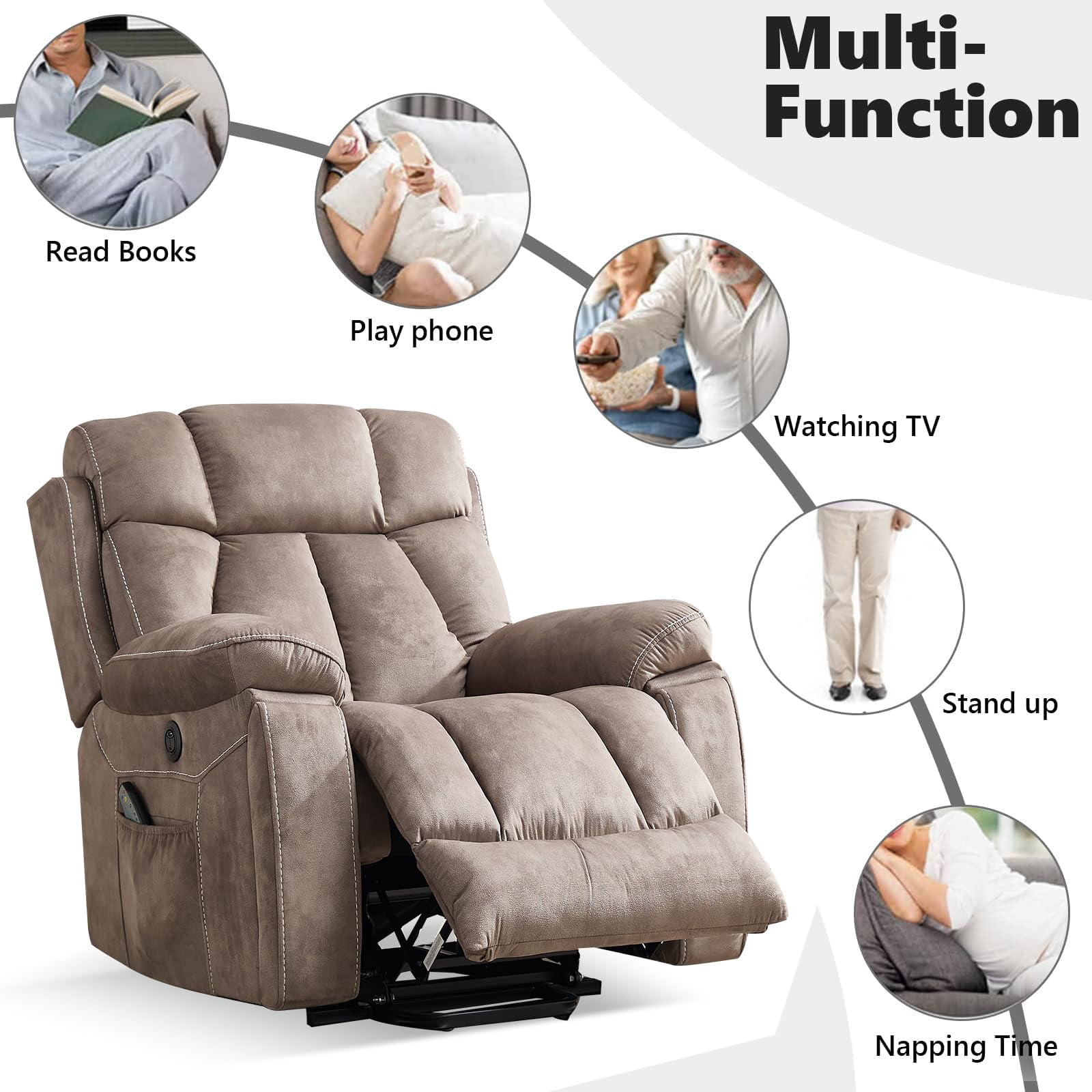 Ebello 40.5" Wide Extra Large Microfiber Electric Heated Massage Lift Recliner Living Room Chair with Cup Holder & USB, Light Brown