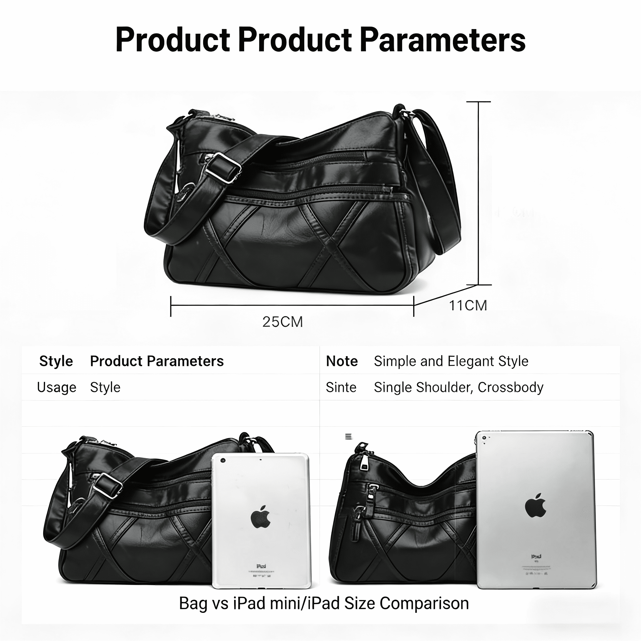 Women Pocketbooks Soft PU Leather Ladies Crossbody Purse Multi Pocket Shoulder Bag, Black