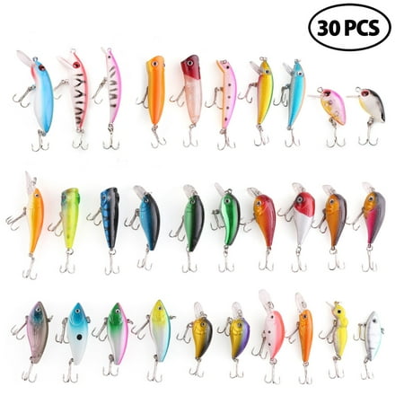 30 PCS Fishing Lures Crankbaits with Treble Hook, Topwater Bass Minnow Popper Walleye Baits, Most 1.5 (Best Topwater Popper For Bass)