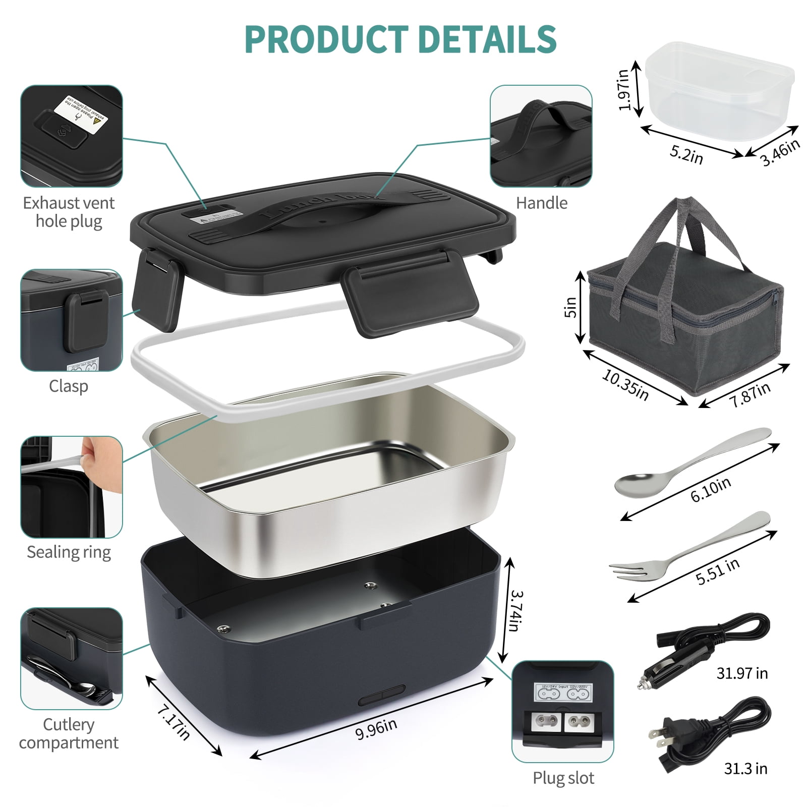 Ocalpur 2L Portable Electric Lunch Box, 110V/12V Car & Home Dual Use, PTC Heating & 304 Stainless Steel, 90W Quick Food Warmer Heated Lunch Box, Leakproof Food Heater for Office, Gray
