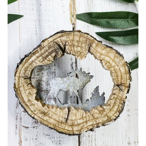 Rustic Western Elk Deer Faux Wood Log Slice Set of 4 Christmas Tree Ornaments