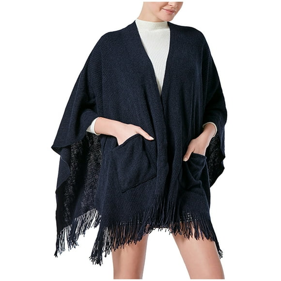 Et Châle d'Hiver Unisexe Uni Fendu Cape Foulard Extérieur à Franges Tricoté avec Poche Cape Châle