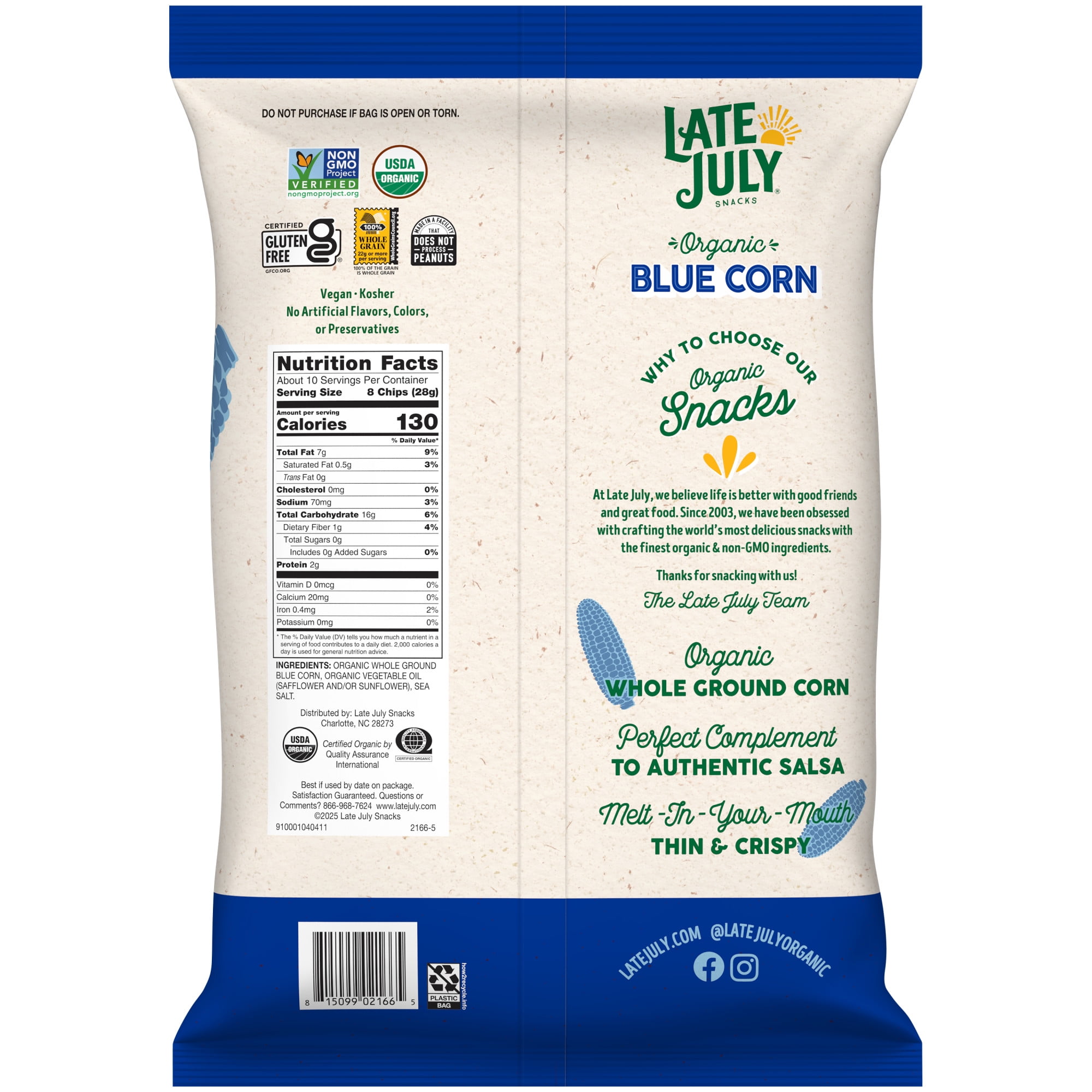 (3 pack) Late July Blue Corn Organic Tortilla Chips, 10.1 oz Bag