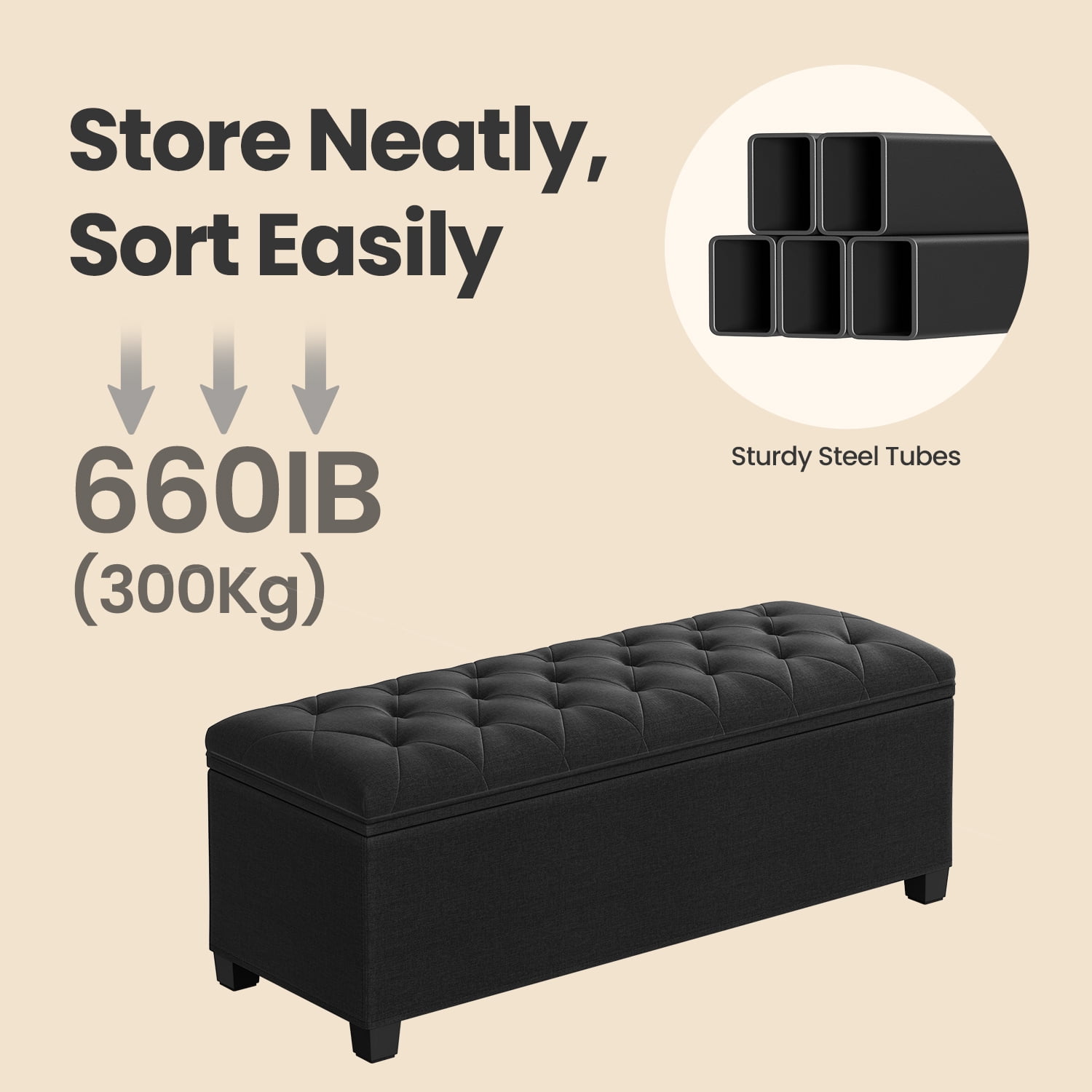 LEDREM Storage Ottoman Bench, 43" End of Bed Bench with Removable Cover, 660lb Capacity, for Living Room, Bedroom, Ink Black