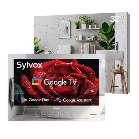 SYLVOX 32" Bathroom TV, Smart Mirror Television with Google TV OS, 1080P HDR10 500nits, NTSC,ATSC,IP66 Weatherproof TVs for Bathtub Shower, Embedded