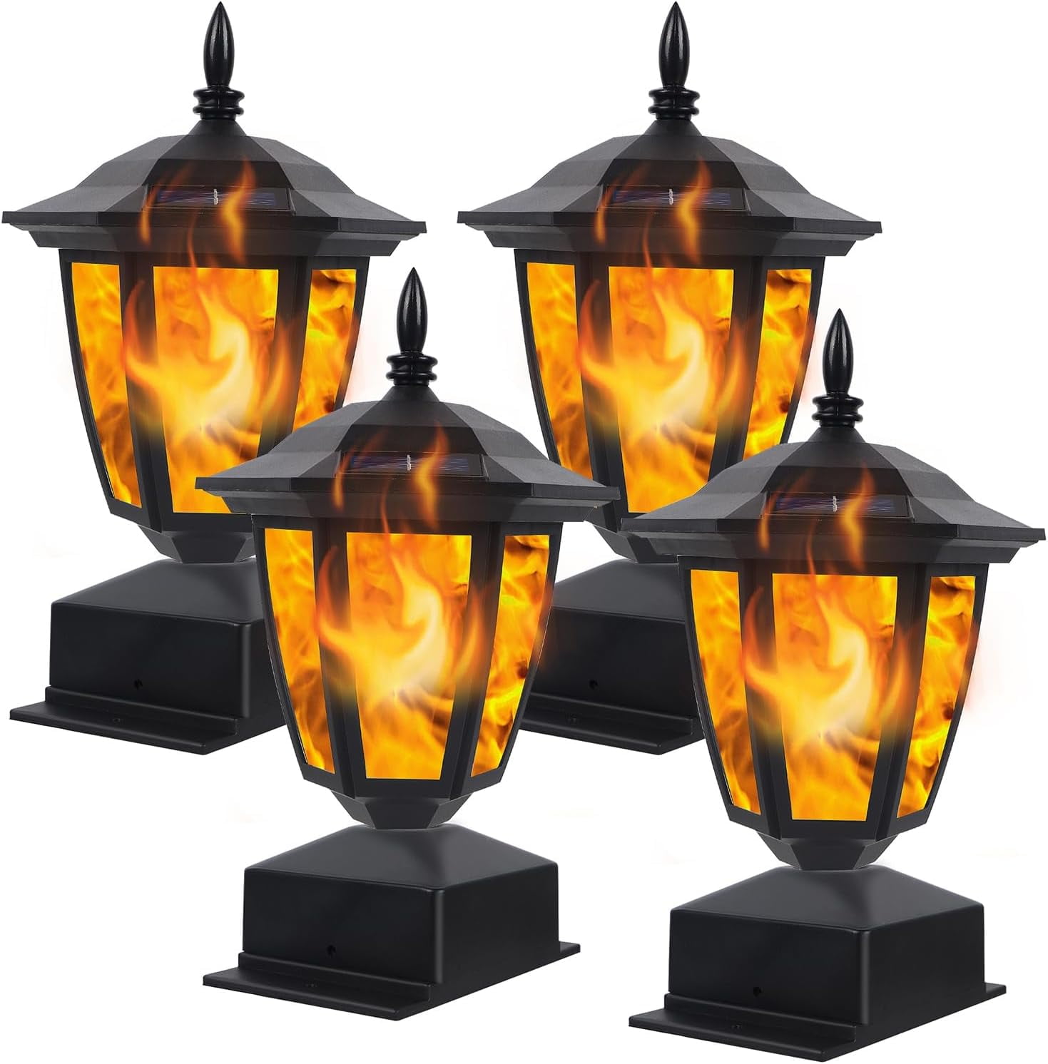 Solar Flame Post Lights Outdoor, Solar Powered Lamps Fence Post Cap Lights, Flickering Flame LED Lantern Decorative Waterproof for Garden Deck Patio,