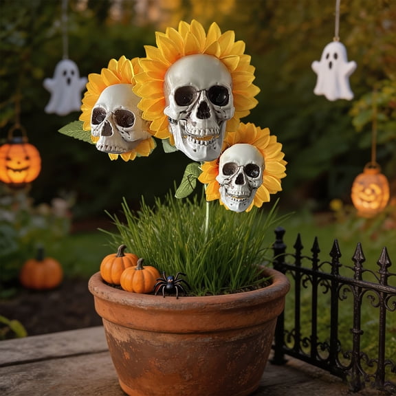 Skull Sunflower Floral Decoration Creepy Artificial Flower with Skeleton Head Bendable Stem Halloween Arrangement for Vase Garden Porch Party Decor