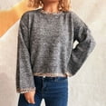thumbnail image 2 of Uootdi Women's Cropped Crew Neck Sweater Tweed Trim Knit Pullover Casual Loose Fit Long Sleeve Fall Winter Top Trendy Preppy Style wear for Daily Outfit Dark Gray Women Tops, 2 of 6